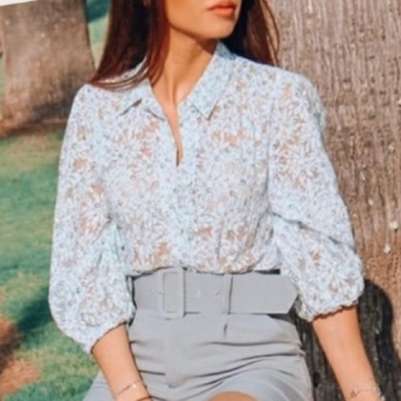 Zara Floral Blue Organza Puff Sleeve Sheer Cropped Blouse Size XS - Picture 11 of 16